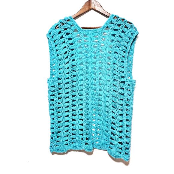 Hand Knit Aqua Open Knit Long Cardigan - Picture 2 of 4